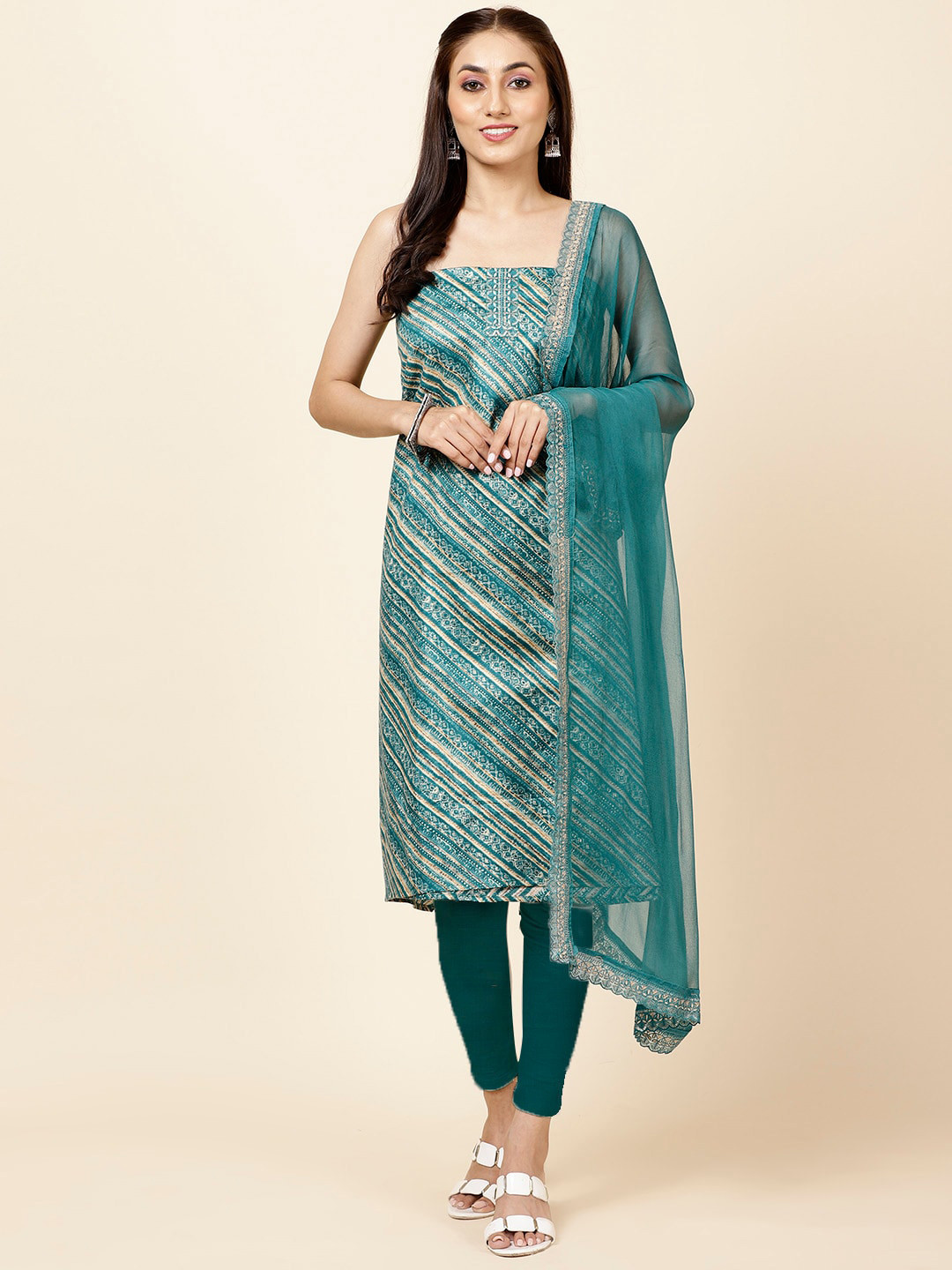 

Meena Bazaar Ethnic Motifs Printed Gotta Patti Unstitched Dress Material, Green