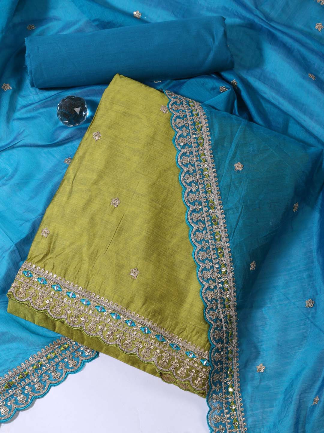 

Meena Bazaar Floral Embroidered Unstitched Dress Material, Green