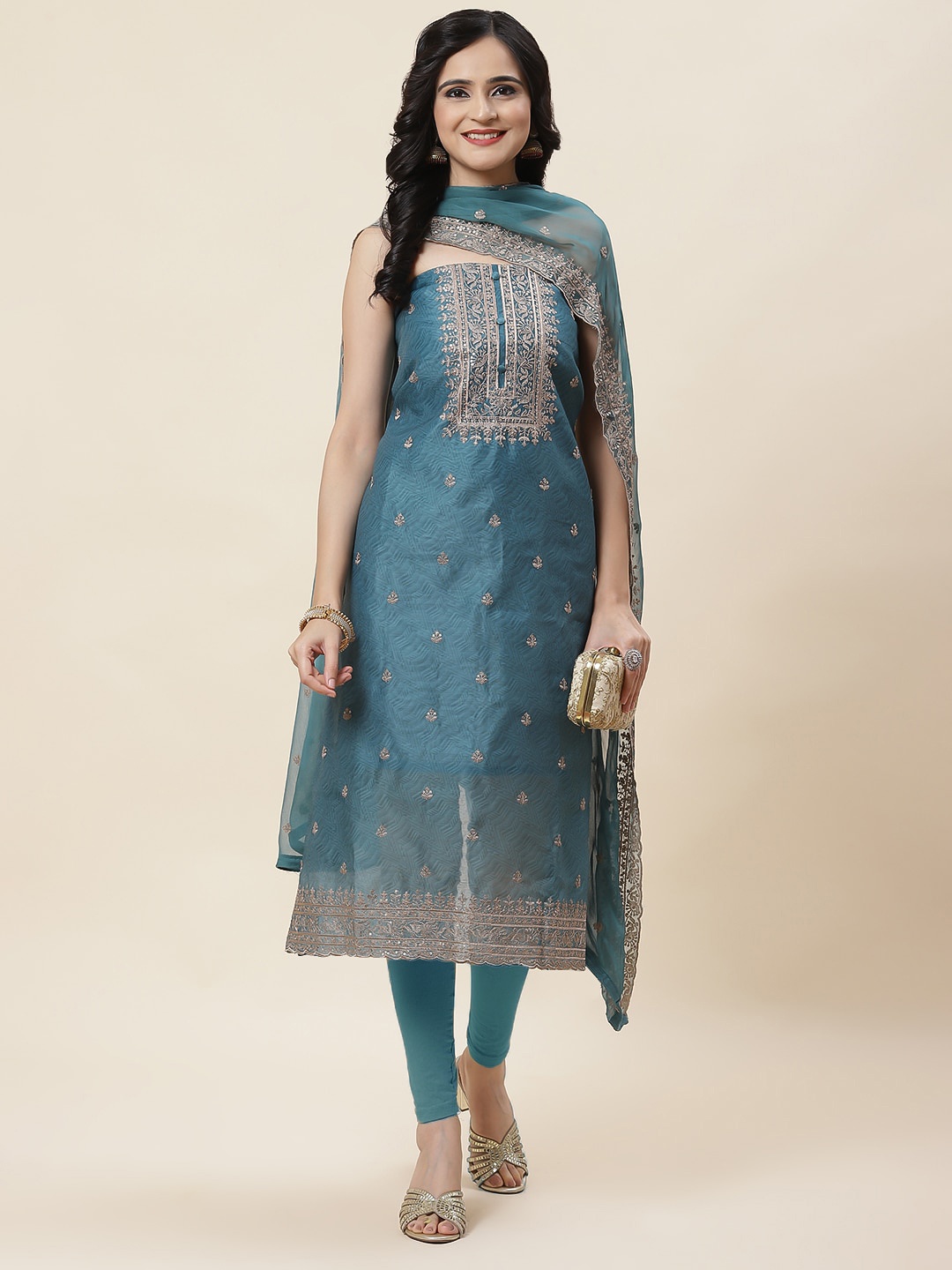 

Meena Bazaar Ethnic Embroidered Sequinned Art Silk Unstitched Dress Material, Green