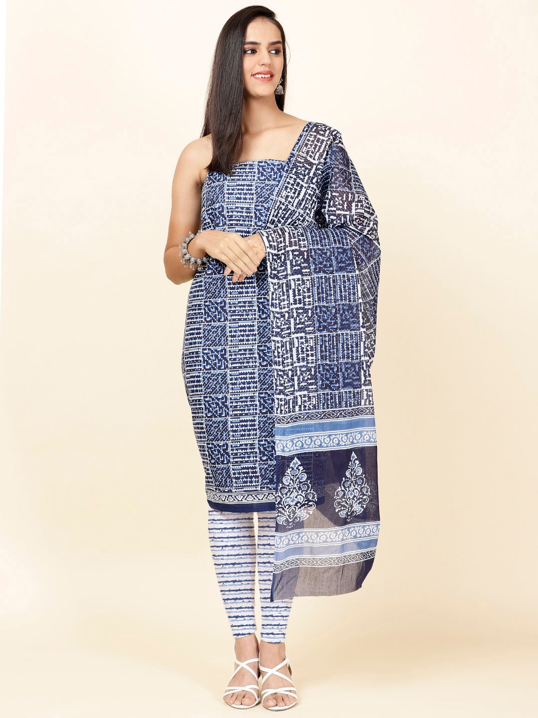 

Meena Bazaar Geometric Printed Unstitched Dress Material, Blue