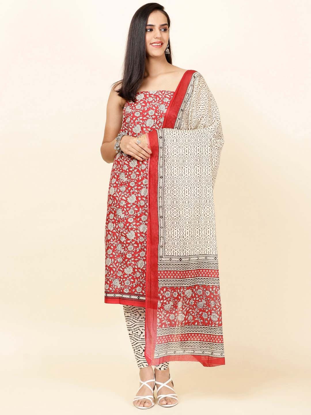 

Meena Bazaar Ethnic Motifs Printed Unstitched Dress Material, Red