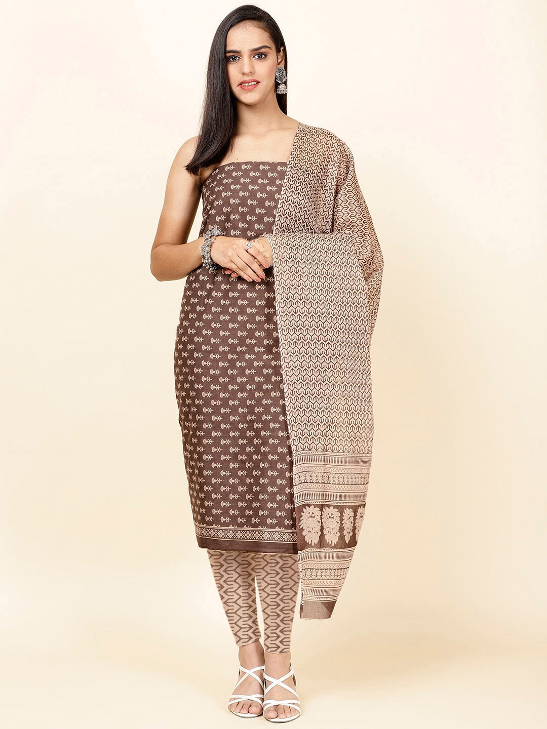 

Meena Bazaar Ethnic Motifs Printed Unstitched Dress Material, Brown