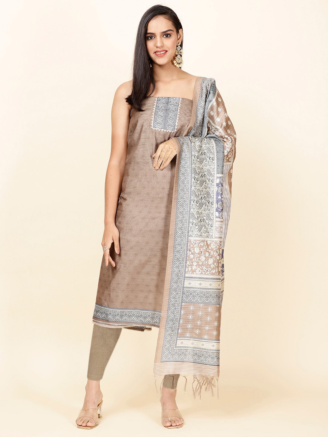

Meena Bazaar Ethnic Motifs Printed Unstitched Dress Material, Mauve