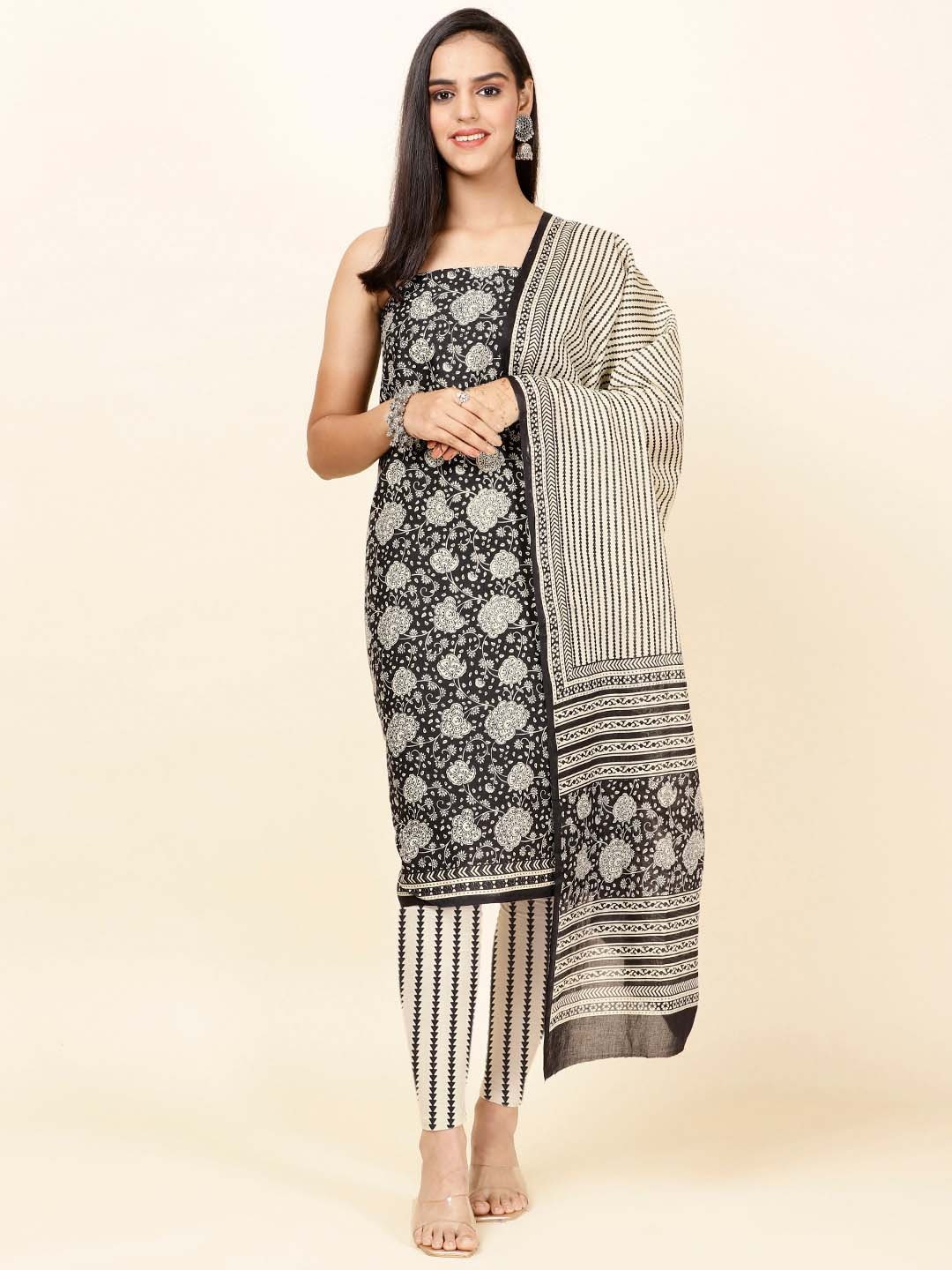 

Meena Bazaar Floral Printed Unstitched Dress Material, Black