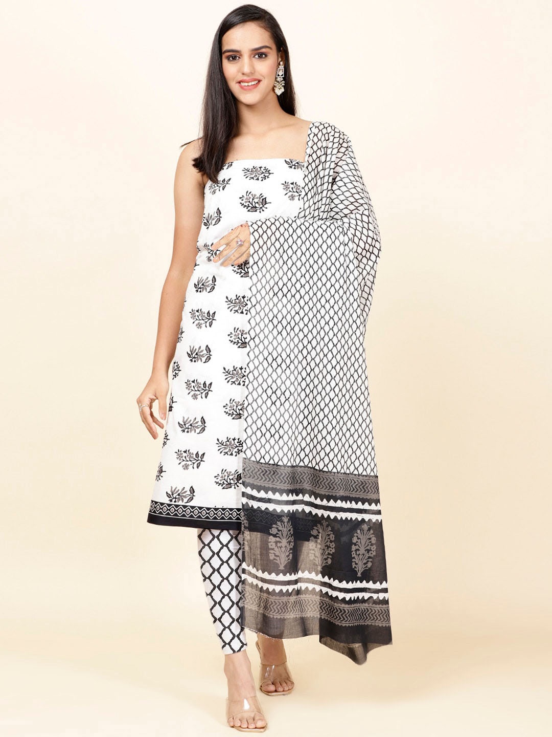 

Meena Bazaar Ethnic Motifs Printed Unstitched Dress Material, Cream