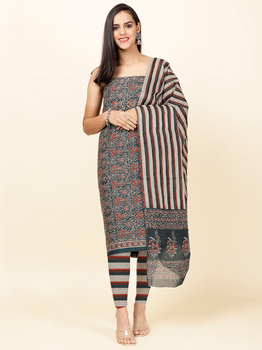 

Meena Bazaar Ethnic Motifs Printed Unstitched Dress Material, Green