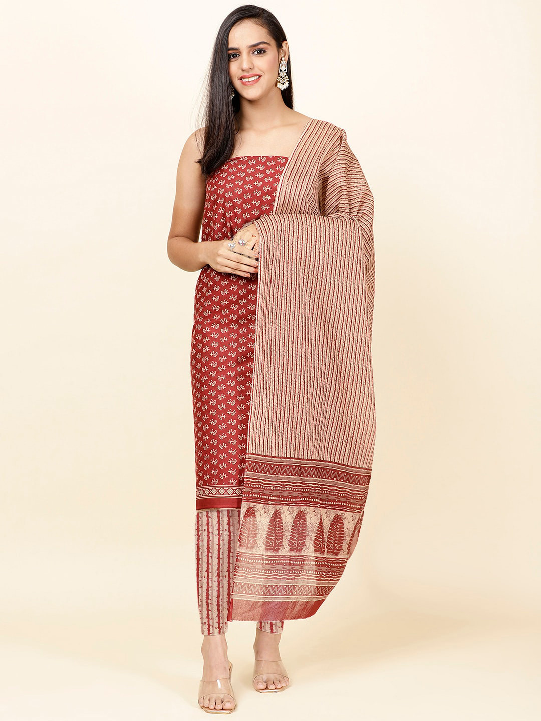 

Meena Bazaar Etnic Motifs Printed Unstitched Dress Material, Maroon