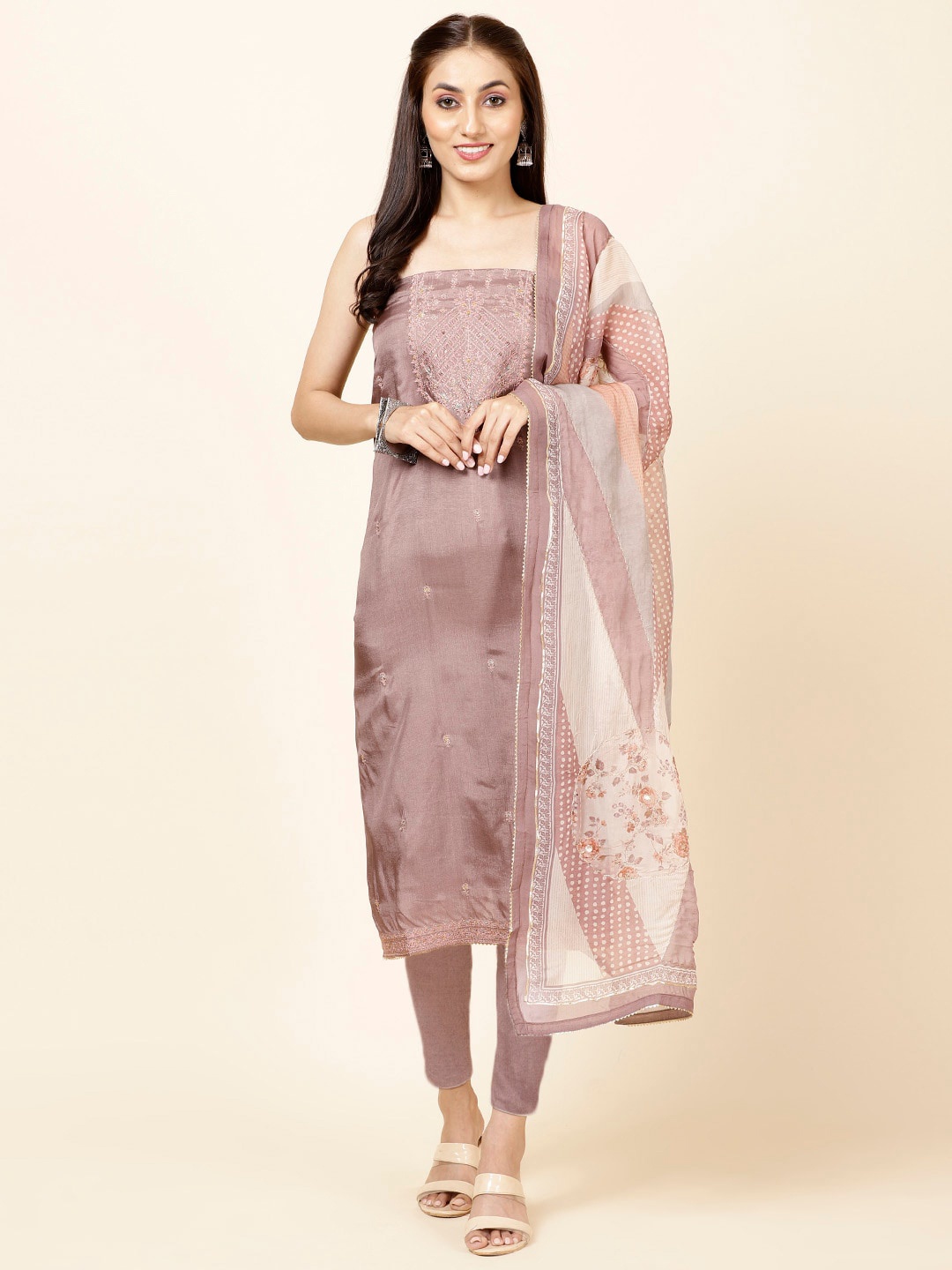 

Meena Bazaar Ethnic Motifs Embroidered Unstitched Dress Material, Mauve