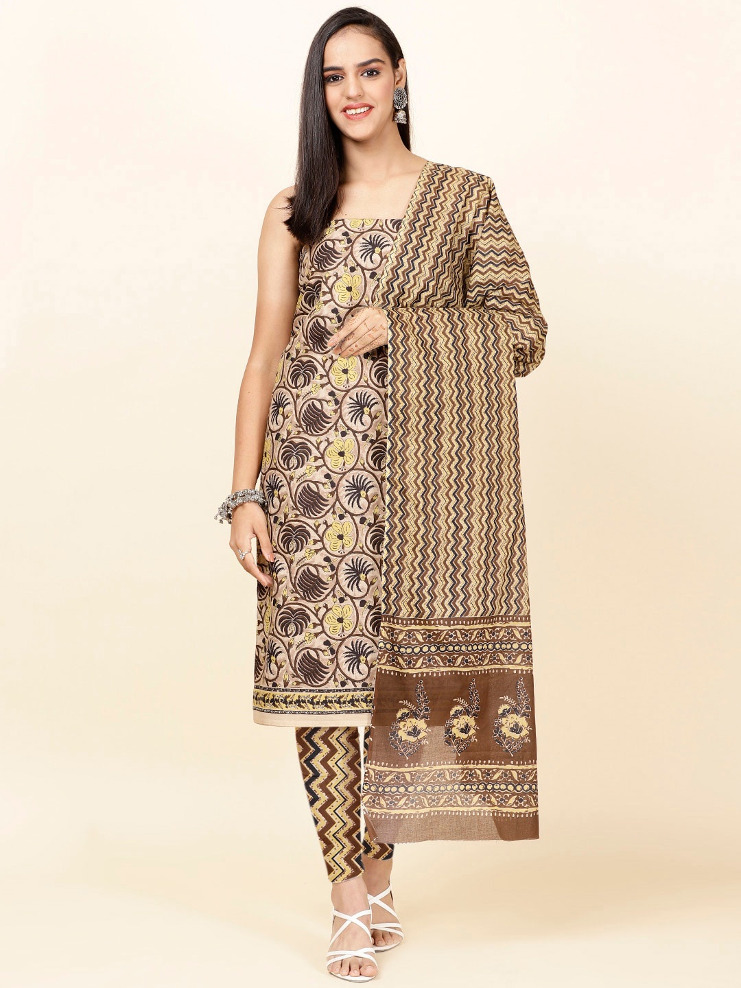 

Meena Bazaar Floral Printed Unstitched Dress Material, Brown