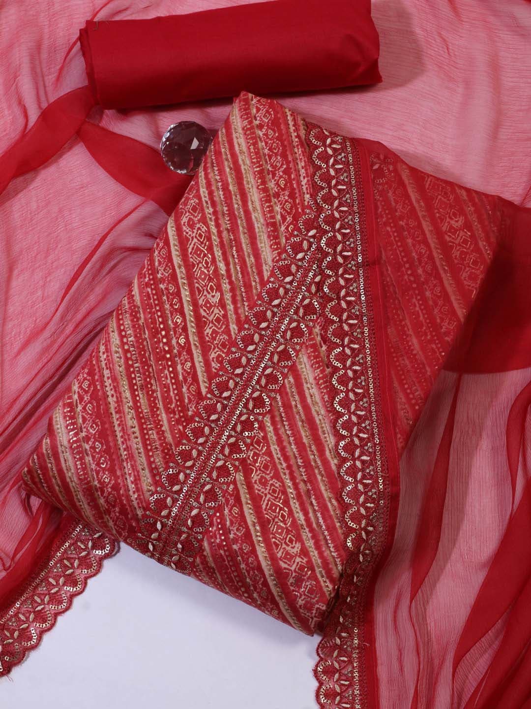 

Meena Bazaar Ethnic Motifs Printed Unstitched Dress Material, Red