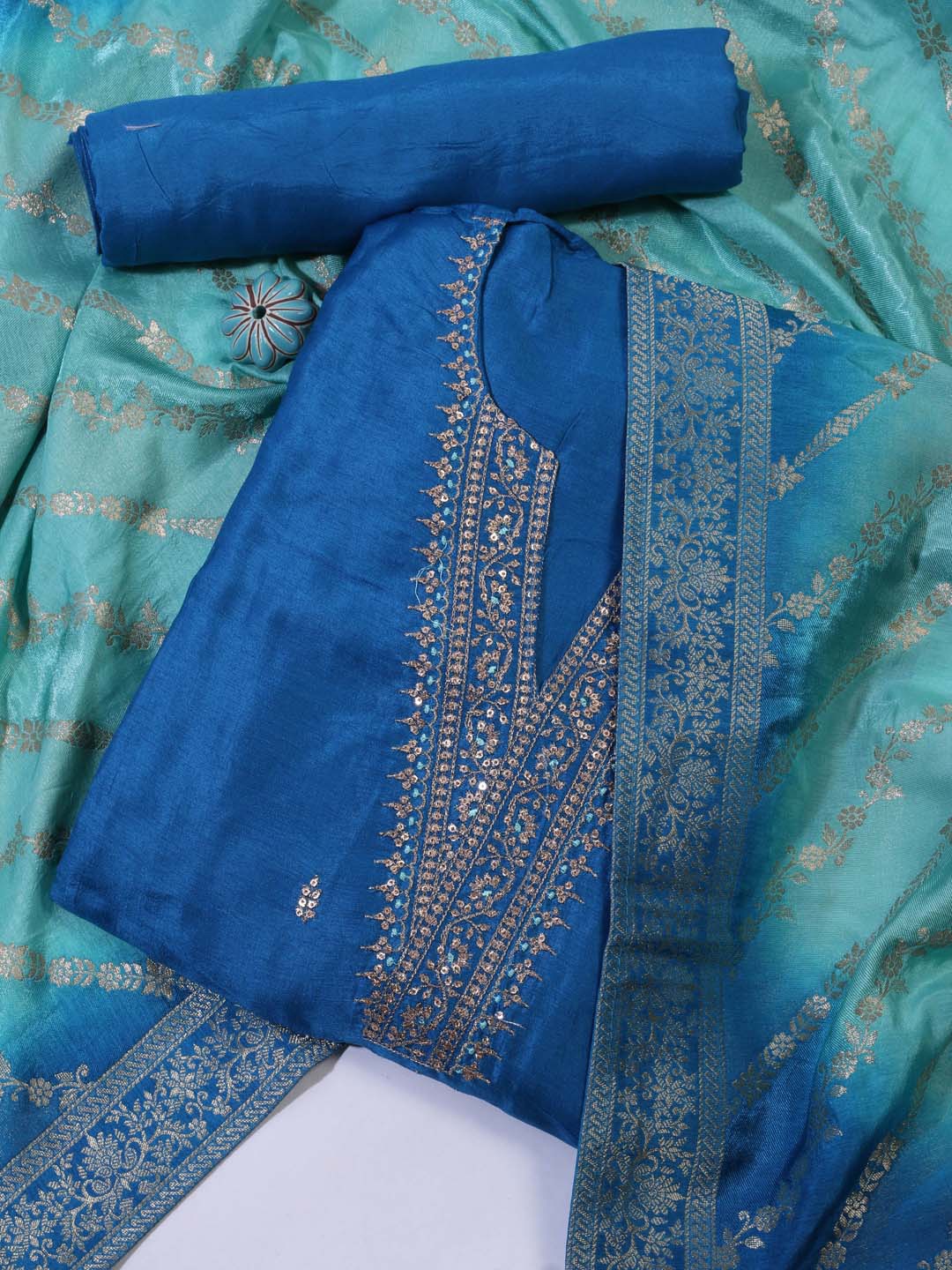 

Meena Bazaar Ethnic Motifs Embroidered Unstitched Dress Material, Blue