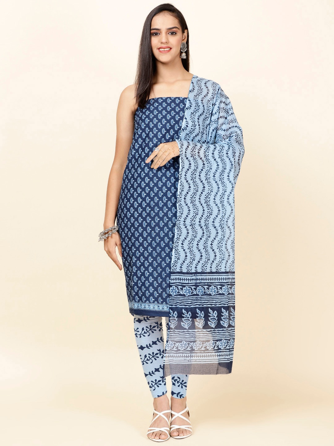 

Meena Bazaar Ethnic Motif Printed Unstitched Dress Material, Navy blue