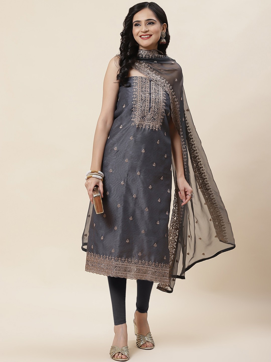

Meena Bazaar Floral Embroidered Sequinned Unstitched Dress Material, Grey