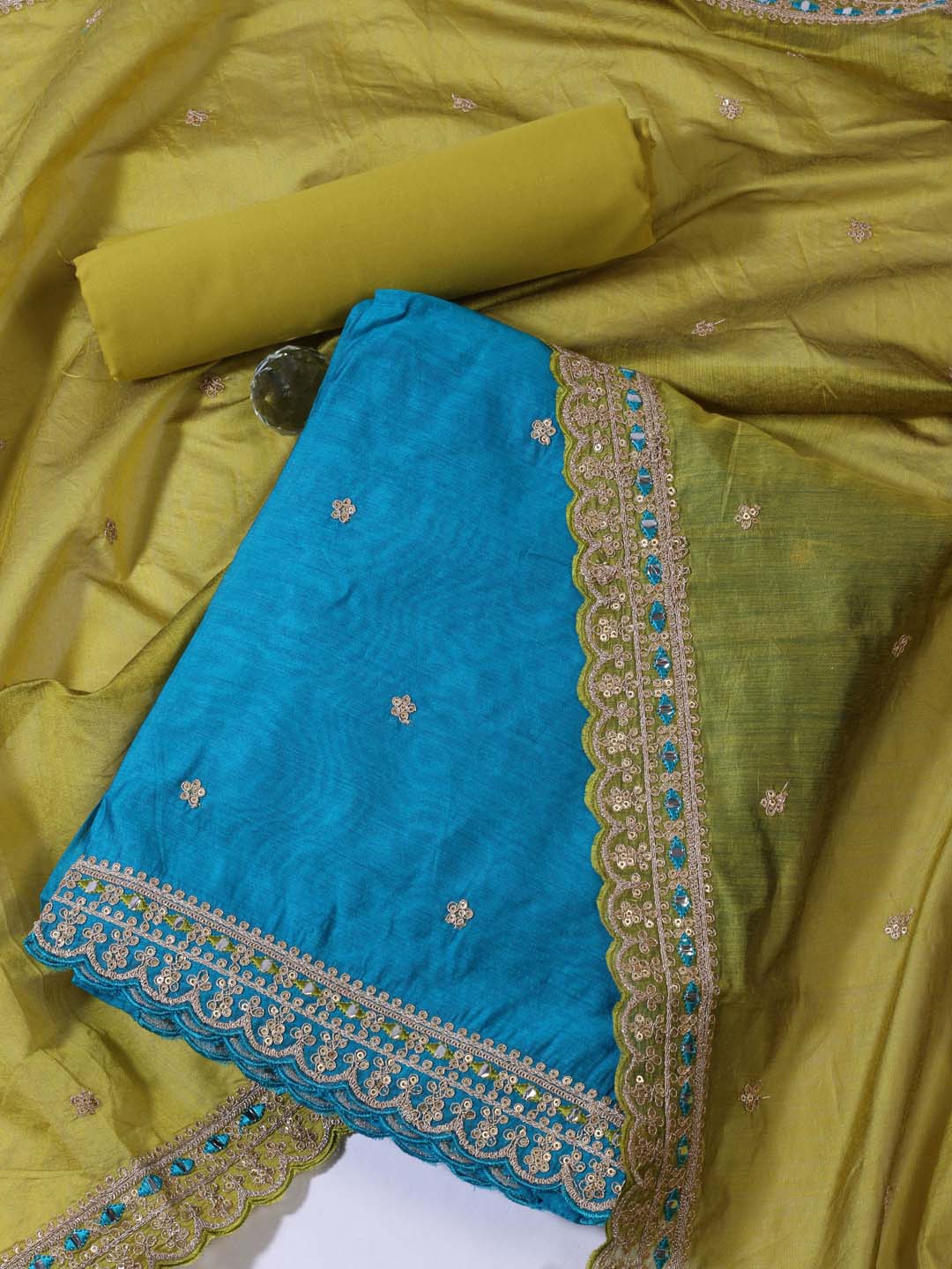 

Meena Bazaar Ethnic Motifs Embroidered Unstitched Dress Material, Blue