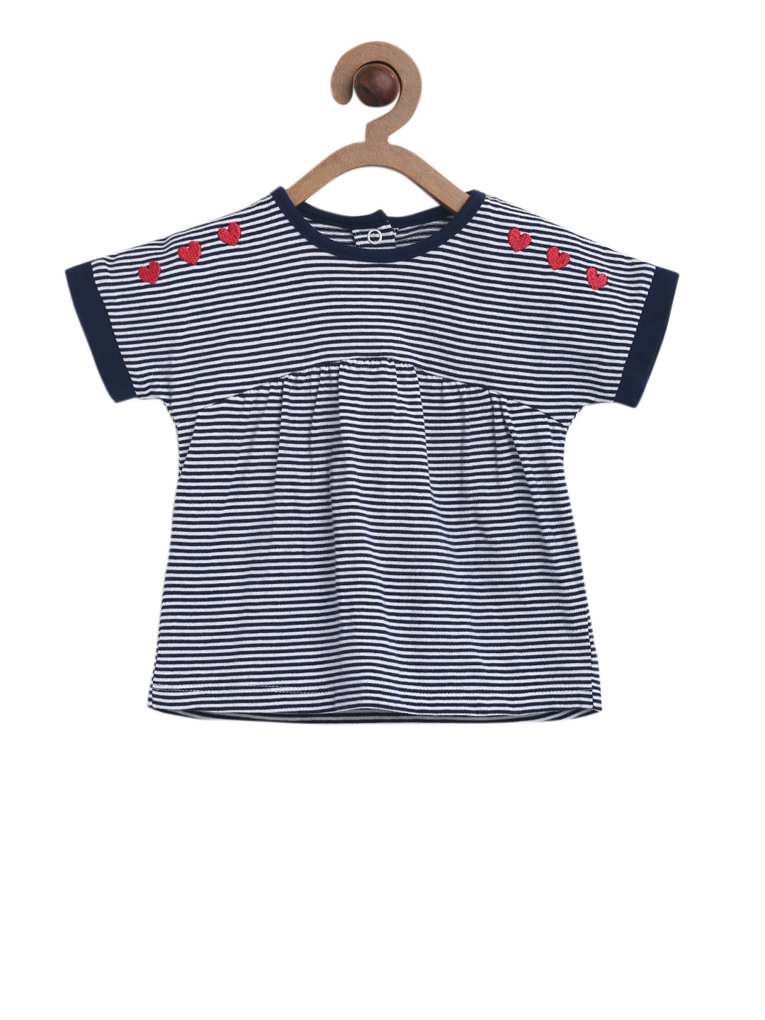 

MINI KLUB Girls Navy Blue Striped Round Neck Pure Cotton T-shirt