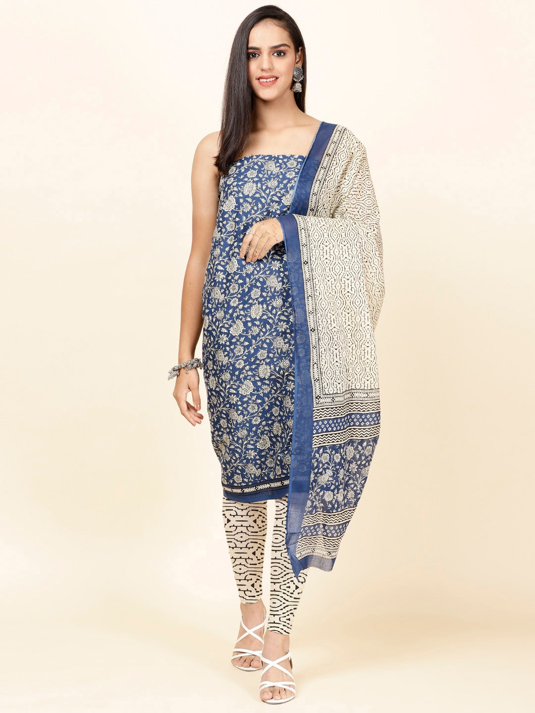 

Meena Bazaar Floral Printed Unstitched Dress Material, Navy blue