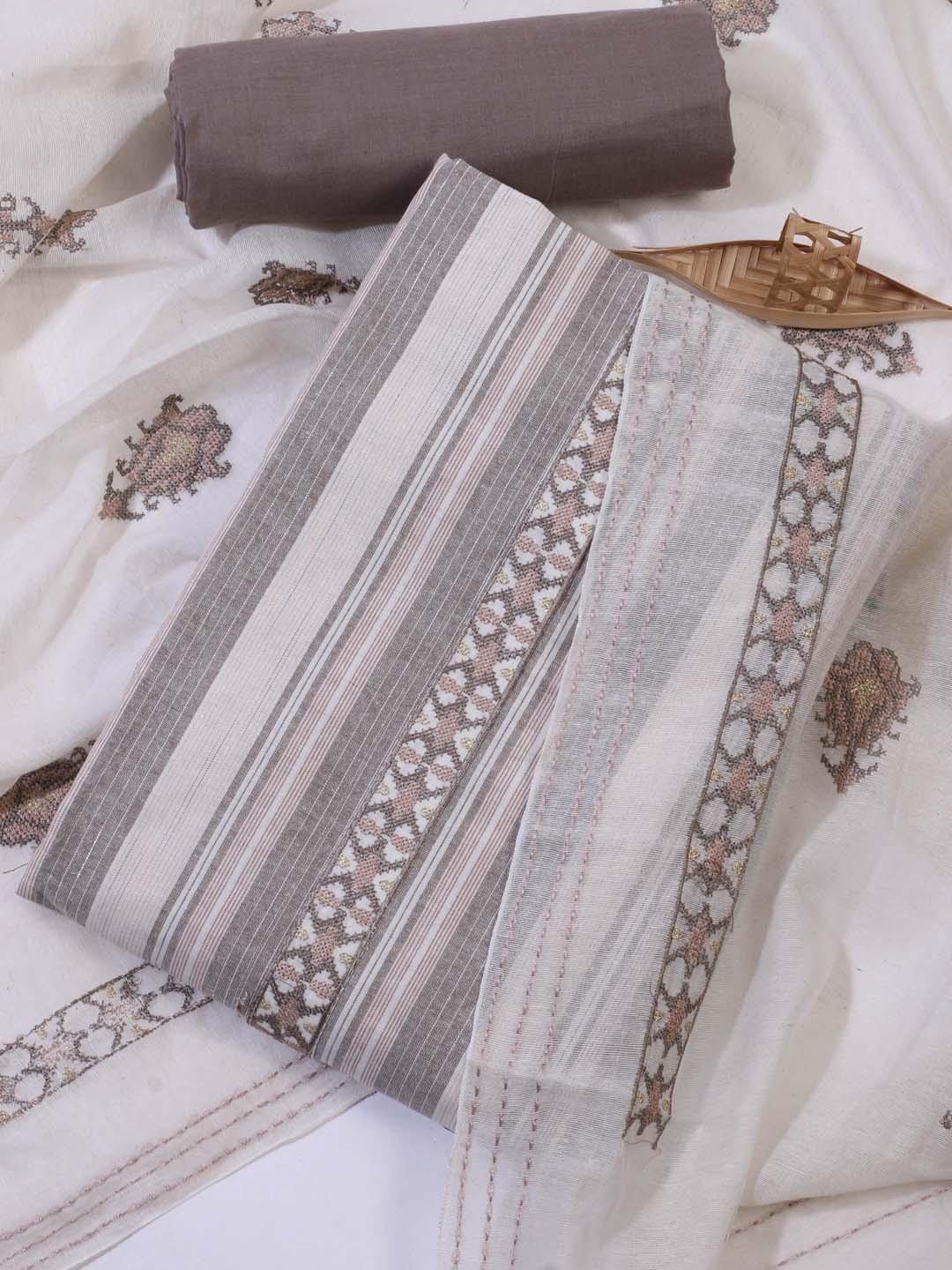 

Meena Bazaar Striped Woven Design Unstitched Dress Material, Grey