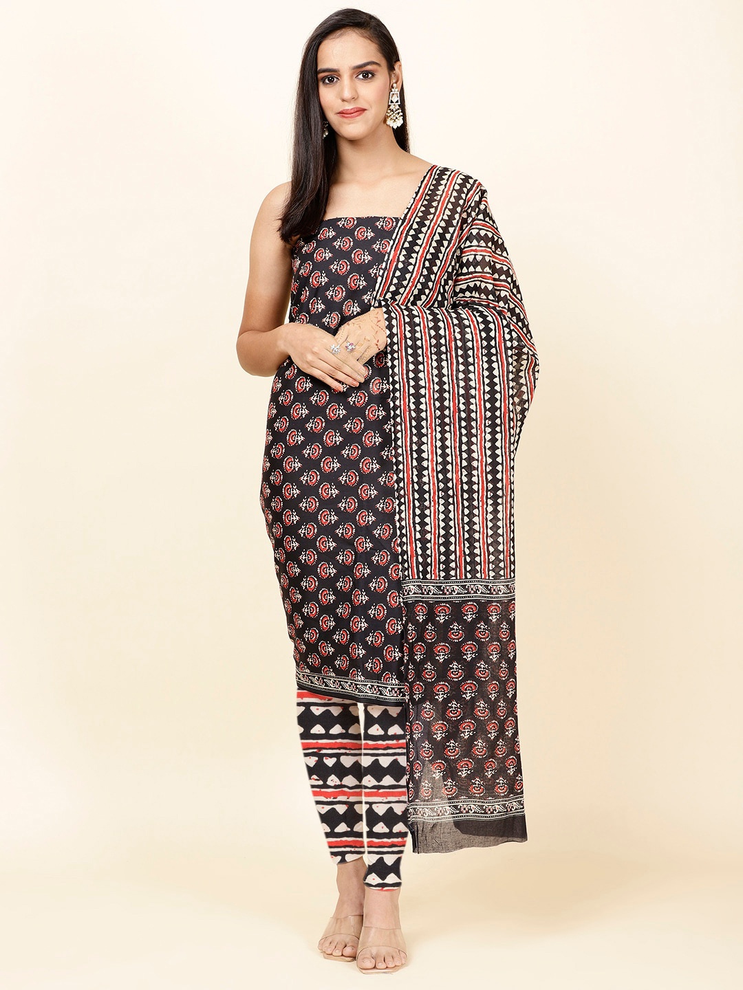 

Meena Bazaar Floral Printed Unstitched Dress Material, Black