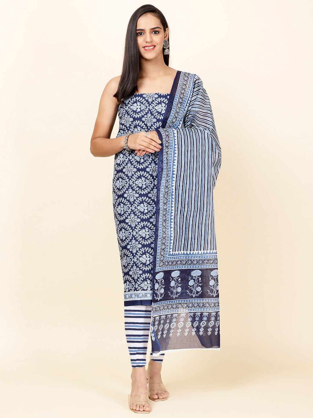 

Meena Bazaar Ethnic Motif Printed Unstitched Dress Material, Navy blue