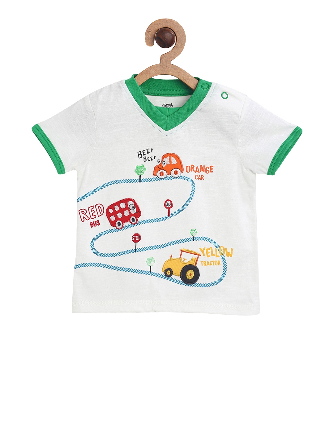 

MINI KLUB Boys White Printed V-Neck Pure Cotton T-shirt