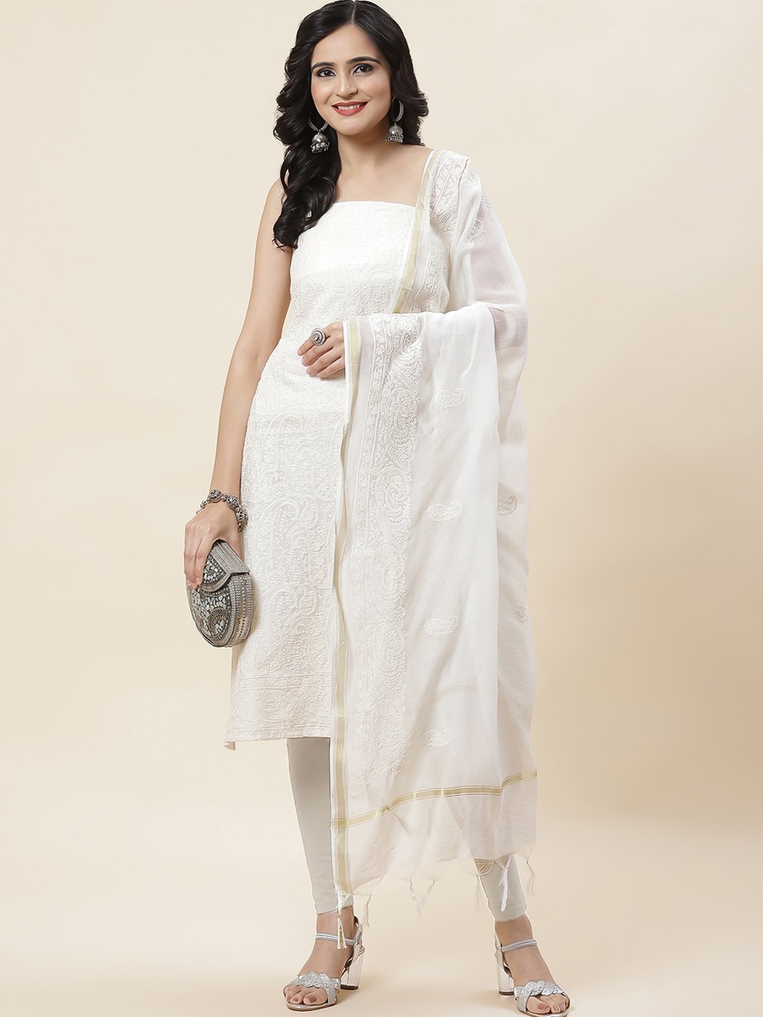 

Meena Bazaar Paisley Embroidered Unstitched Dress Material, Off white