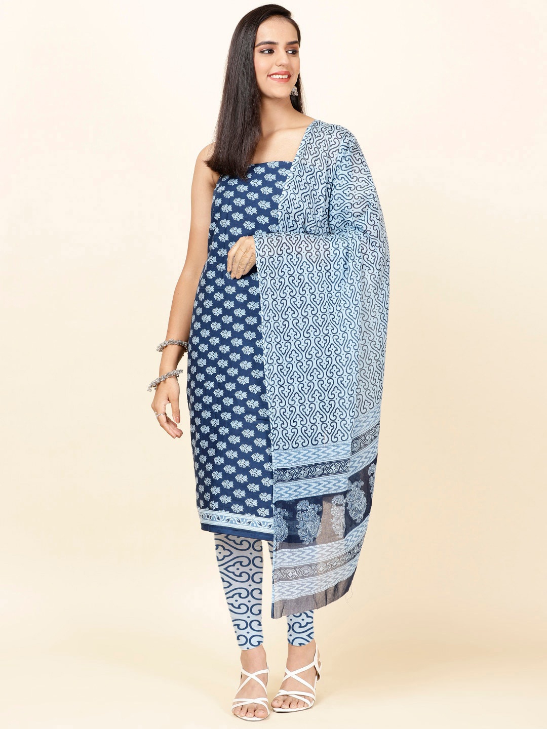 

Meena Bazaar Ethnic Motifs Printed Unstitched Dress Material, Blue