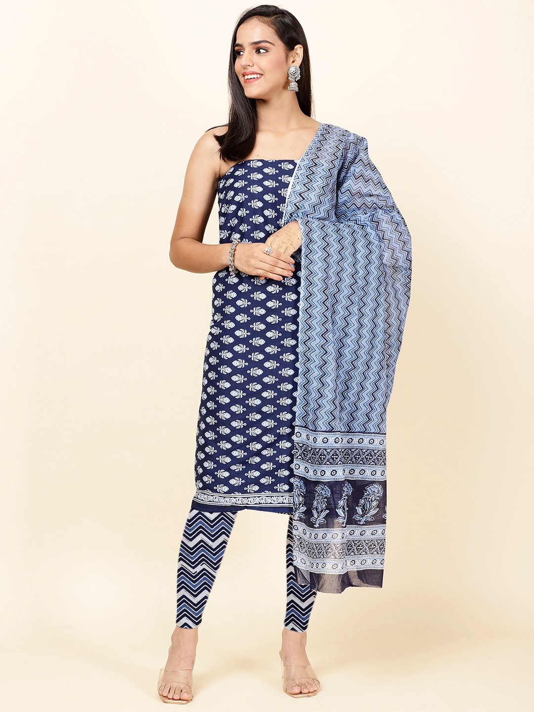 

Meena Bazaar Ethnic Motifs Printed Unstitched Dress Material, Blue