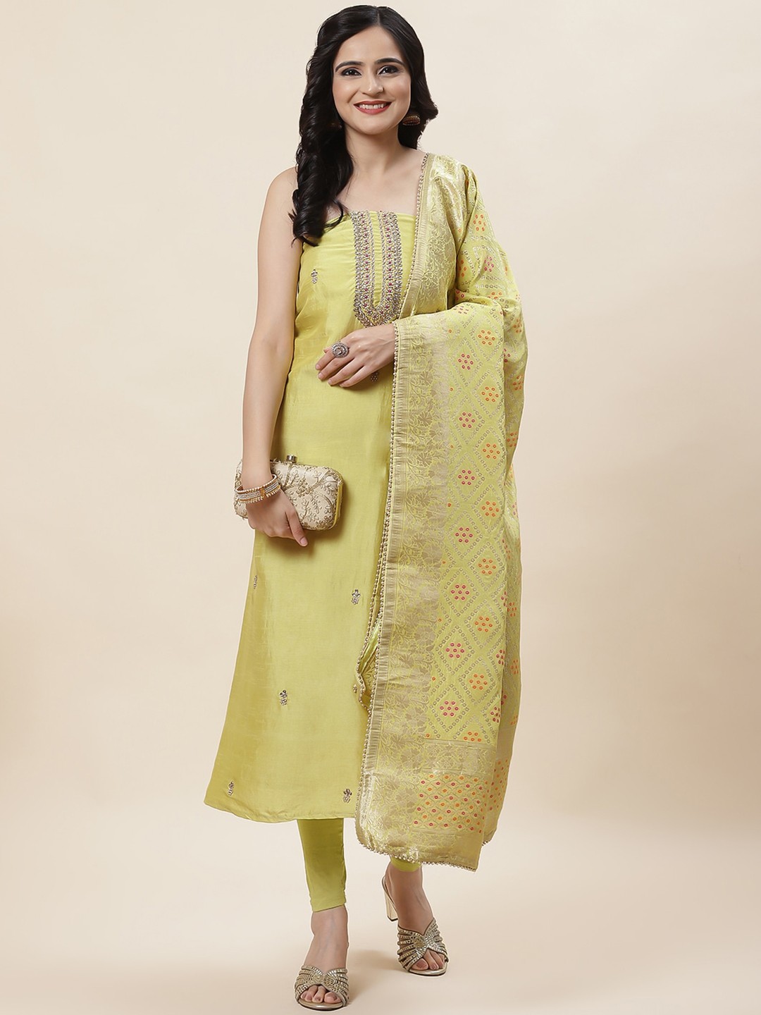 

Meena Bazaar Floral Embroidered Beads and Stones Unstitched Dress Material, Green