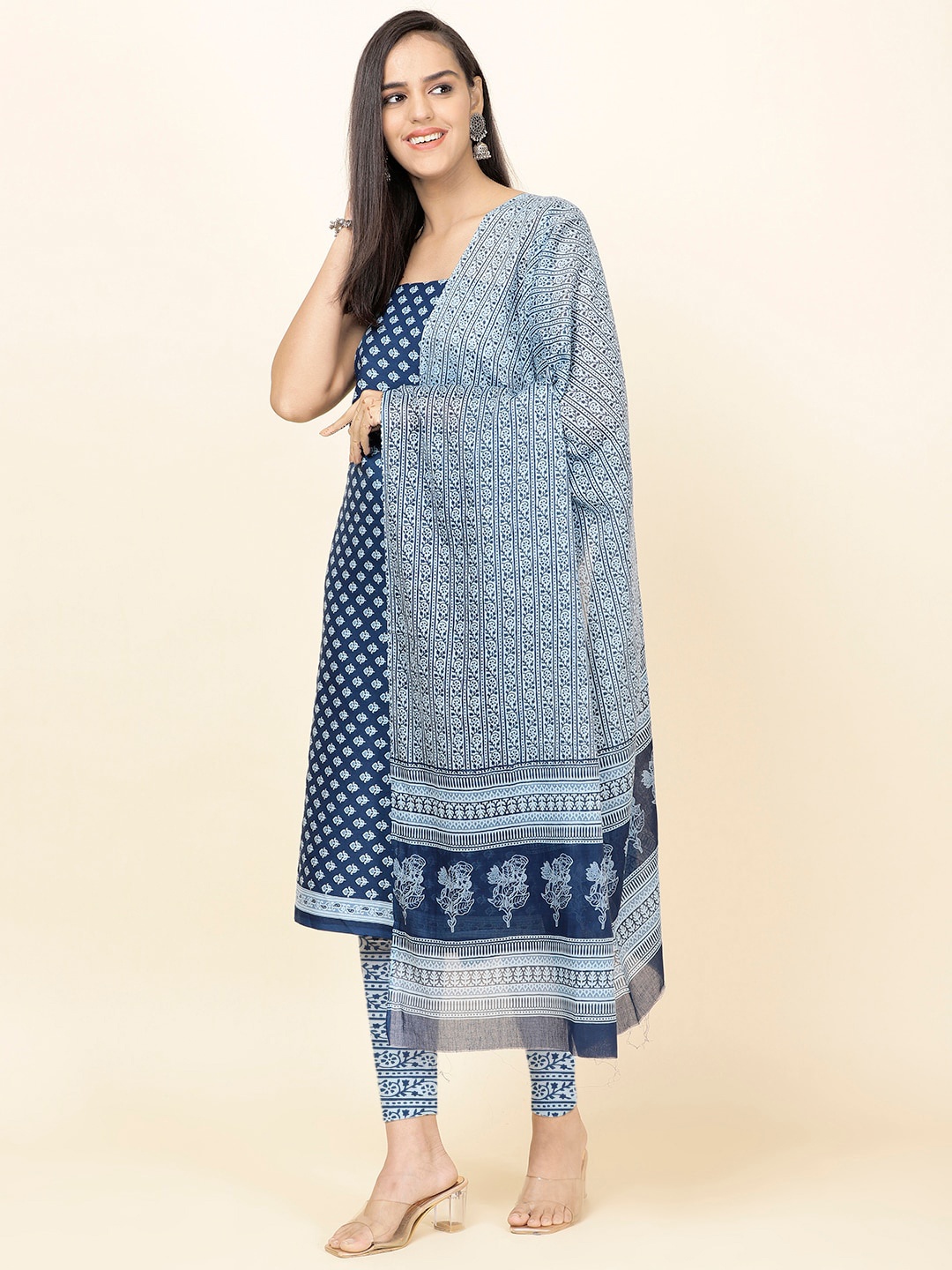 

Meena Bazaar Ethnic Motifs Printed Unstitched Dress Material, Blue