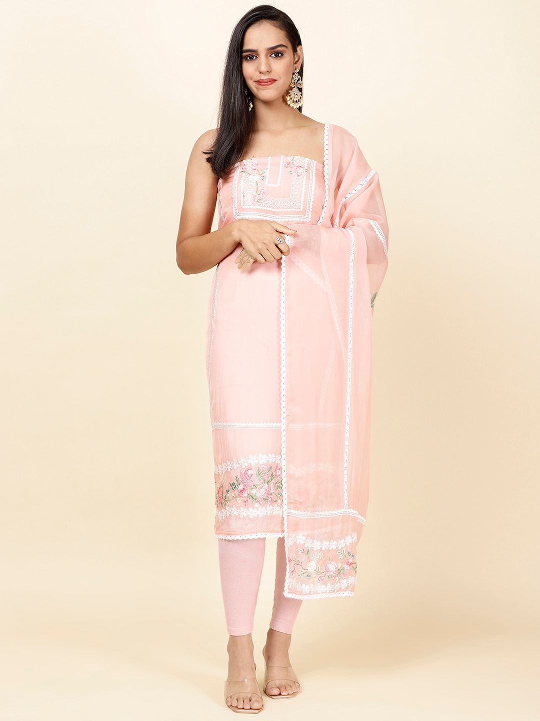 

Meena Bazaar Ethnic Motifs Embroidered Unstitched Dress Material, Pink