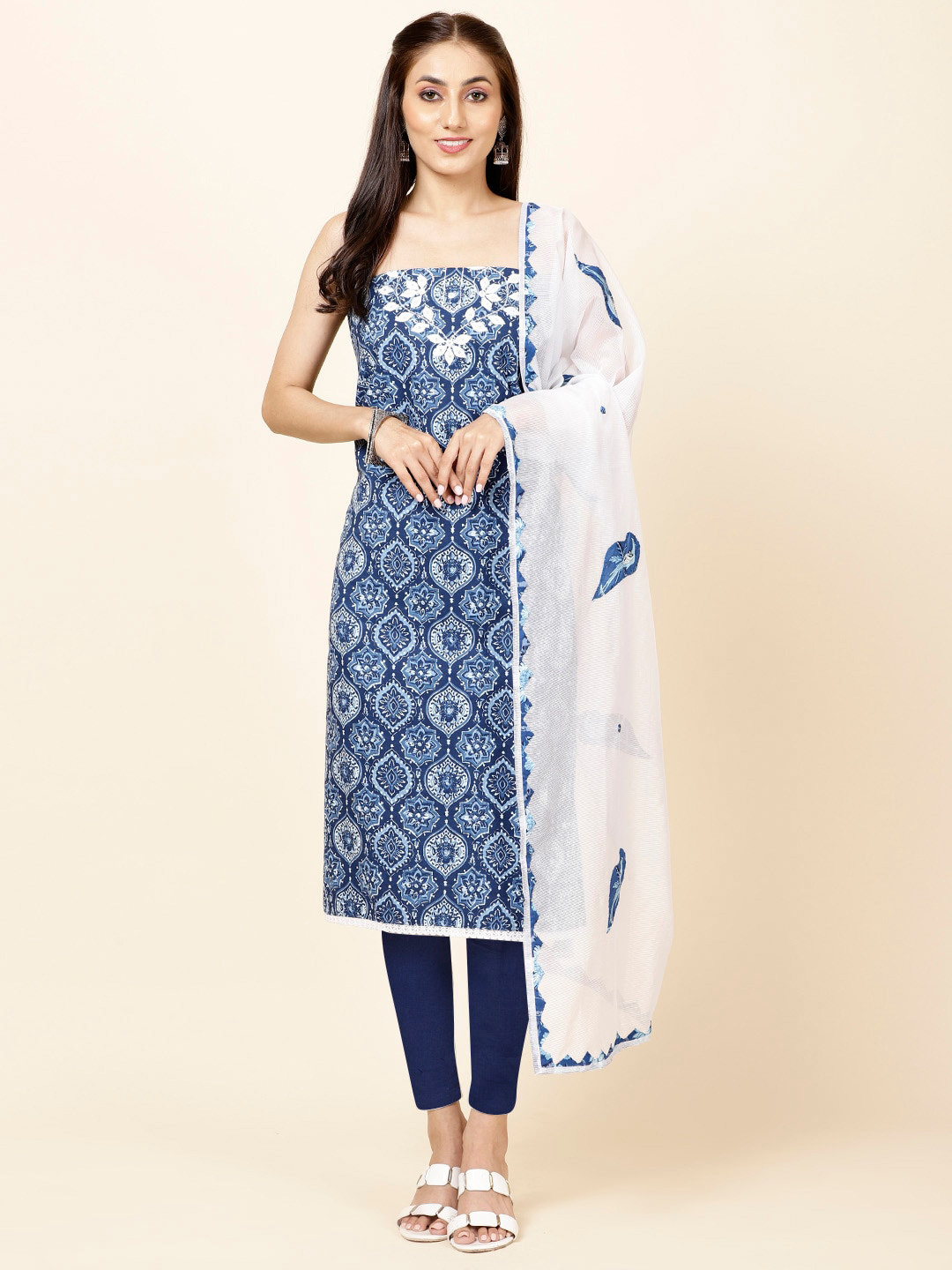

Meena Bazaar Ethnic Motifs Printed Unstitched Dress Material, Blue