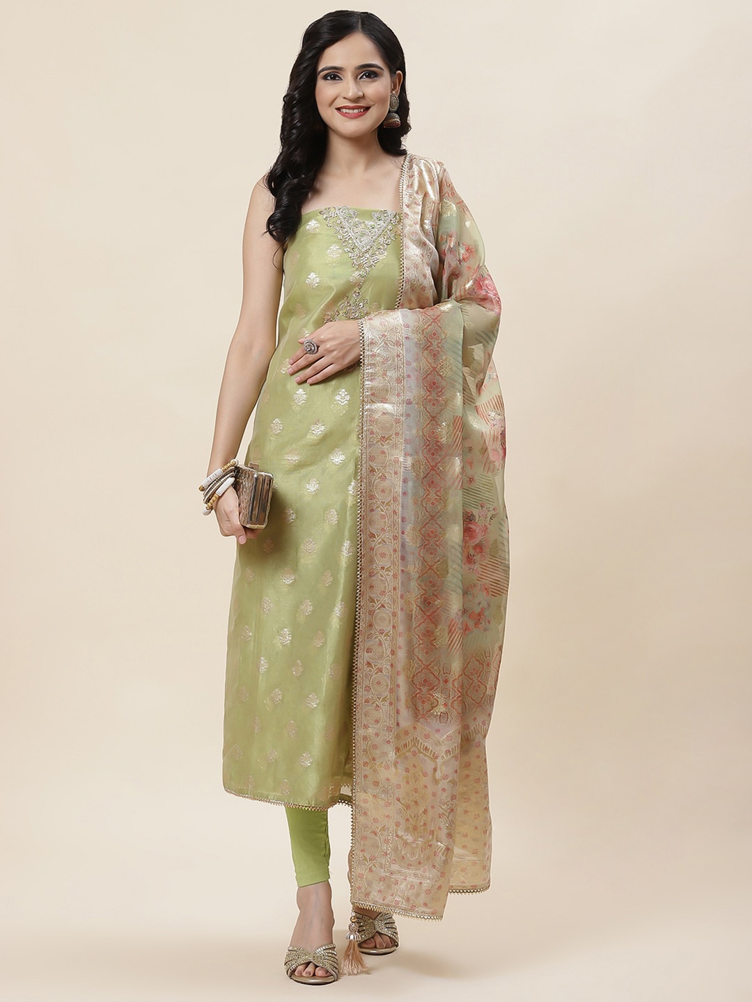 

Meena Bazaar Ethnic Motifs Woven Design Unstitched Dress Material, Green