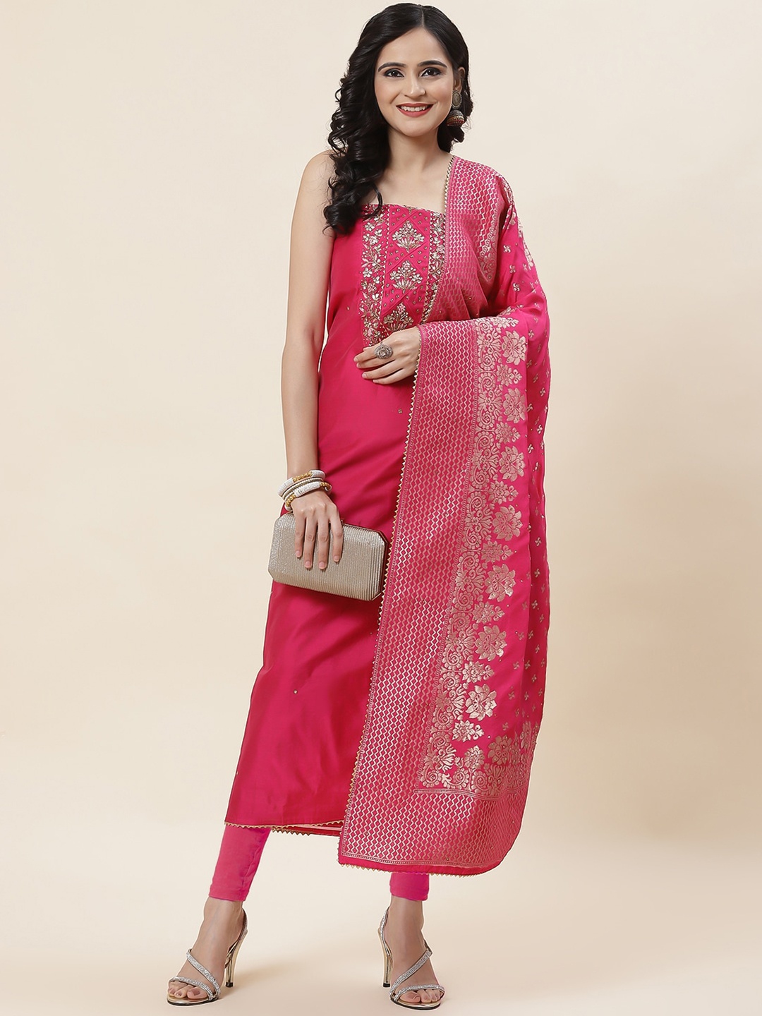 

Meena Bazaar Floral Embroidered Unstitched Dress Material, Pink