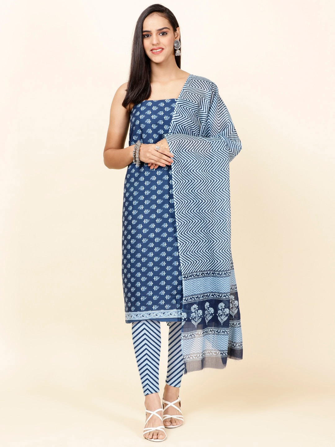 

Meena Bazaar Ethnic Motifs Printed Unstitched Dress Material, Blue