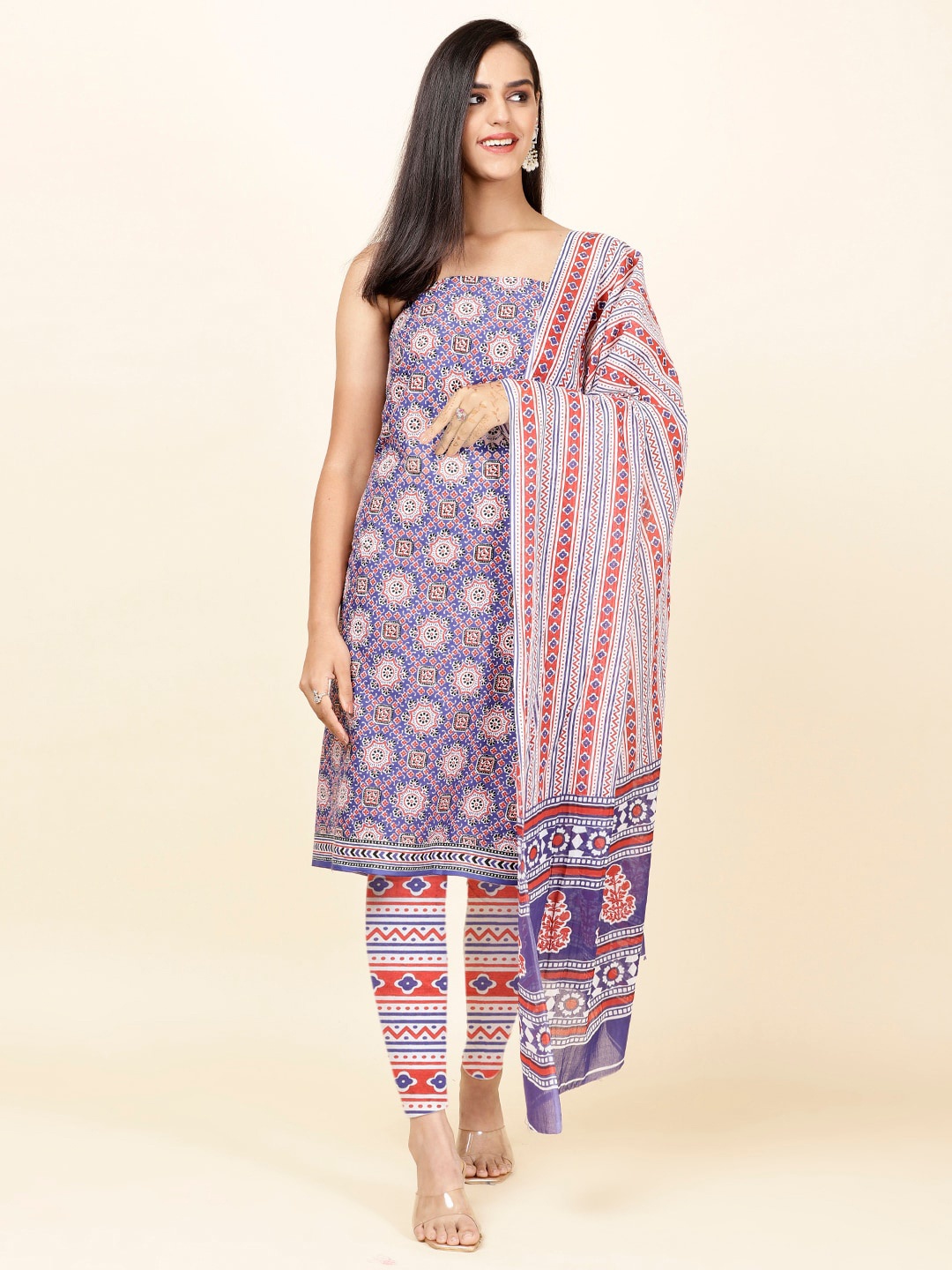 

Meena Bazaar Ethnic Motifs Printed Unstitched Dress Material, Blue