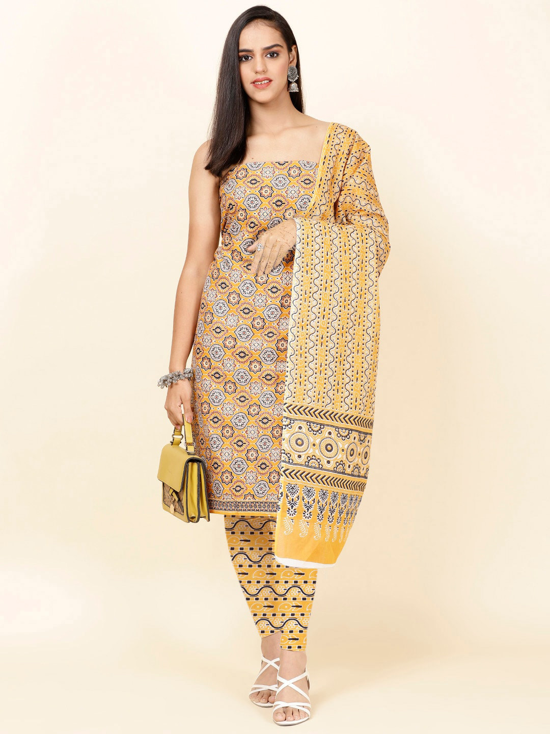 

Meena Bazaar Ethnic Motifs Printed Unstitched Dress Material, Mustard