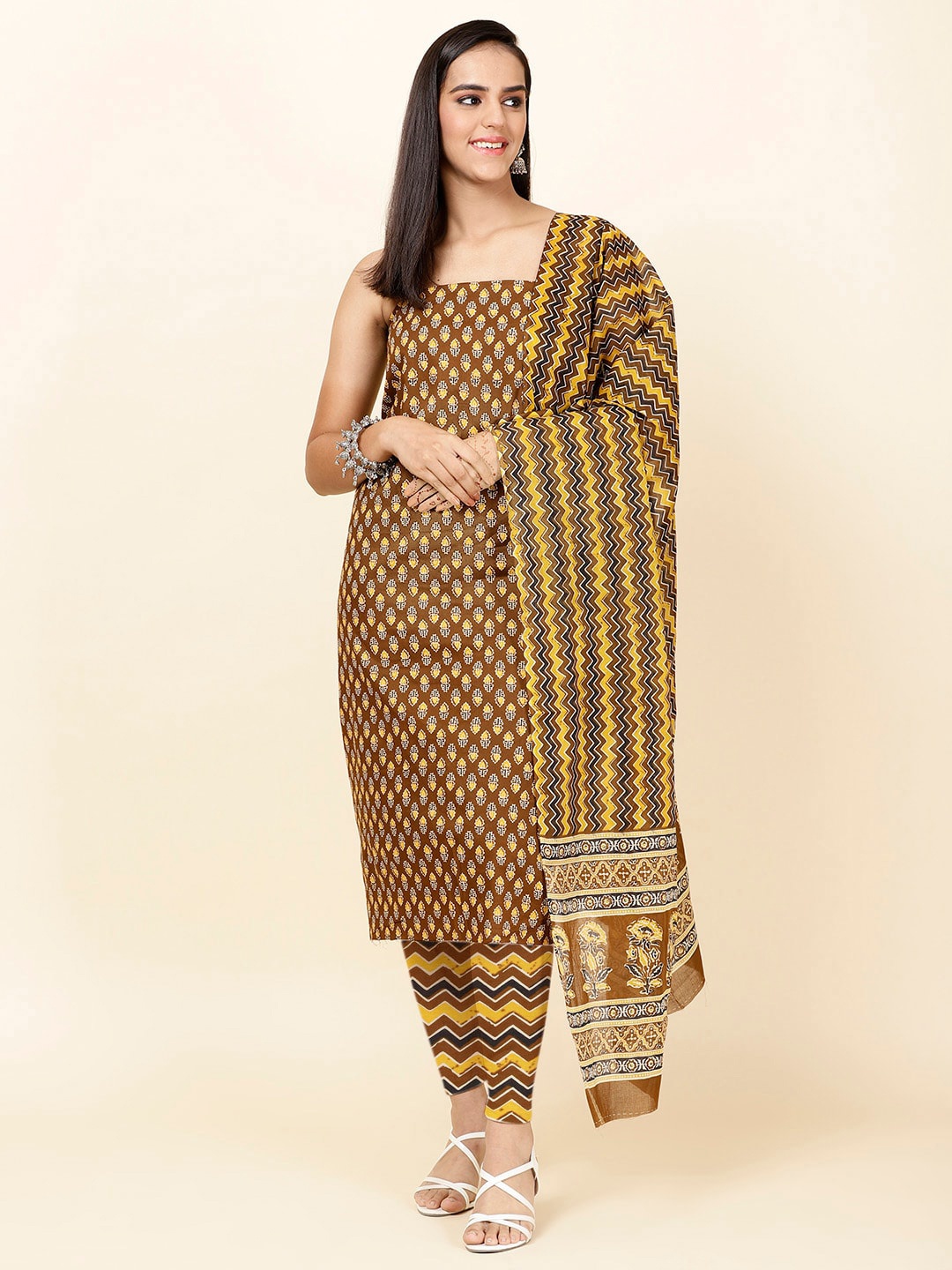 

Meena Bazaar Ethnic Motifs Printed Unstitched Dress Material, Mustard