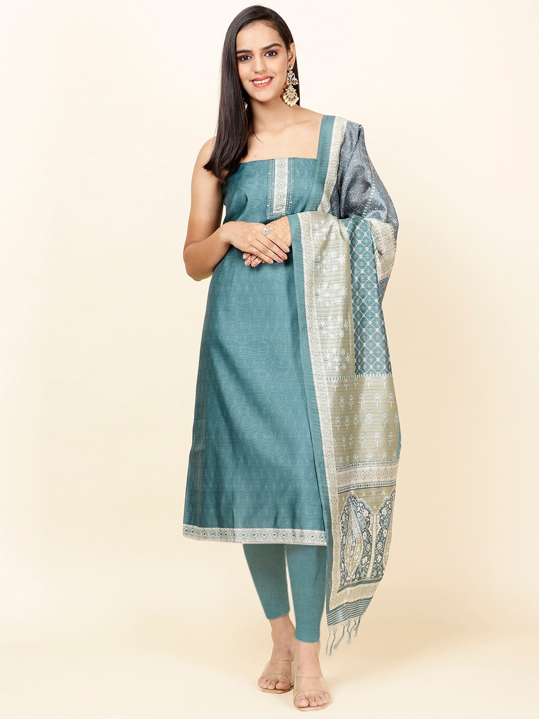 

Meena Bazaar Geometric Printed Unstitched Dress Material, Sea green