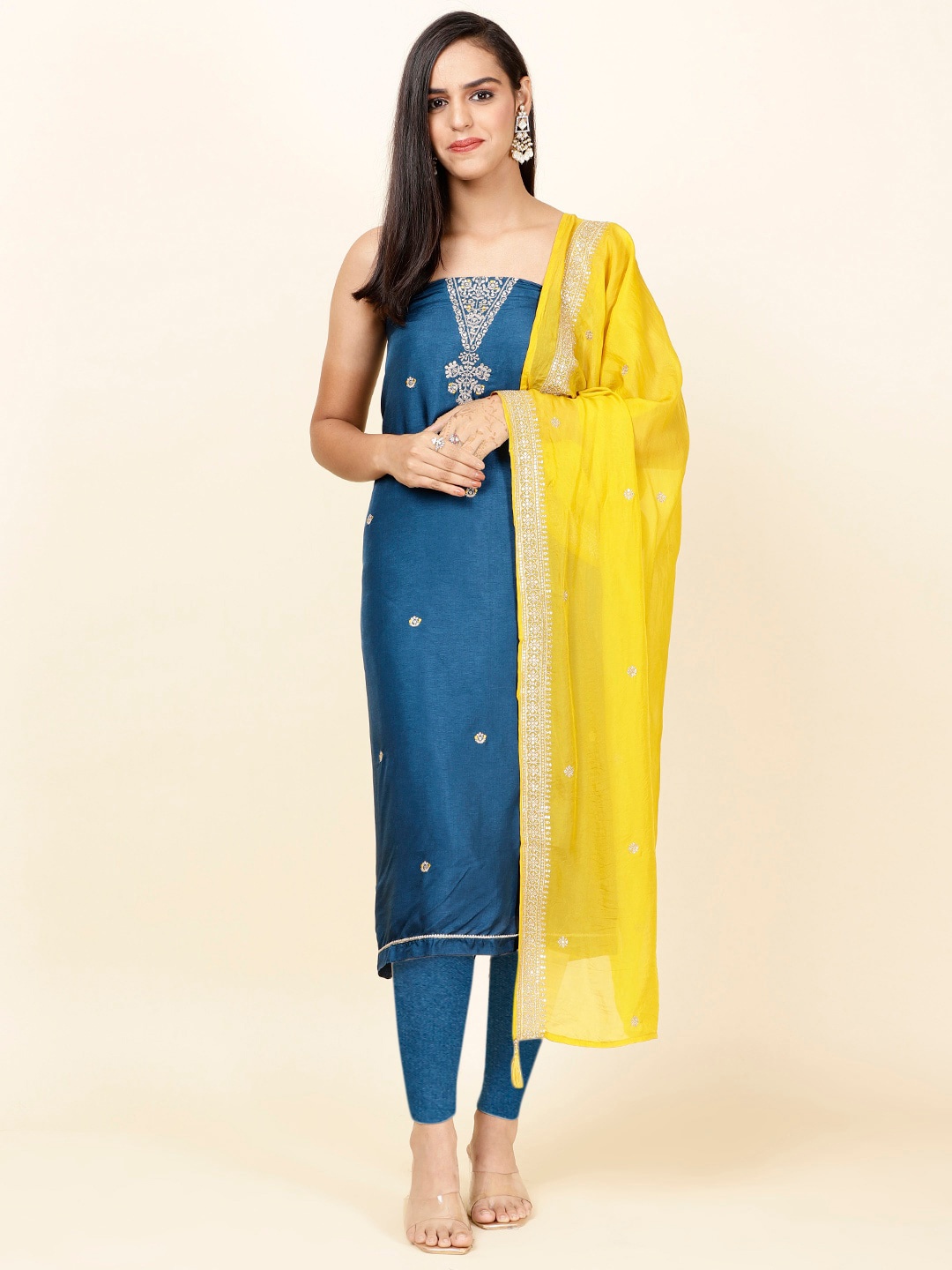 

Meena Bazaar Ethnic Motifs Embroidered Unstitched Dress Material, Blue