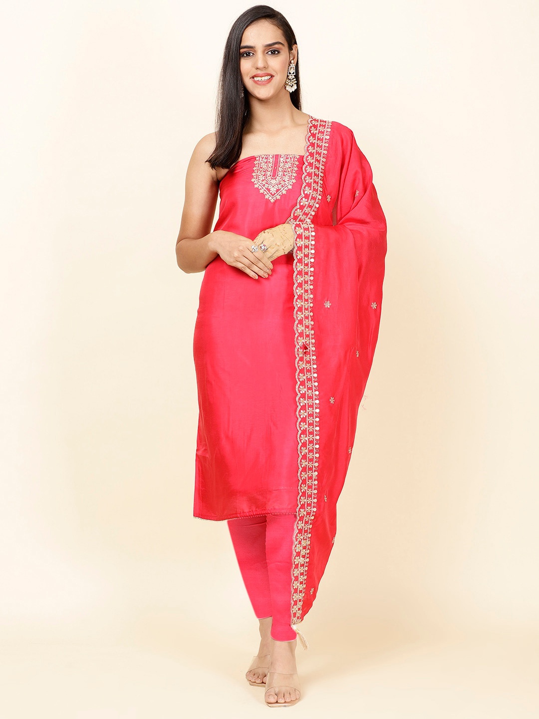 

Meena Bazaar Ethnic Motifs Embroidered Unstitched Dress Material, Pink