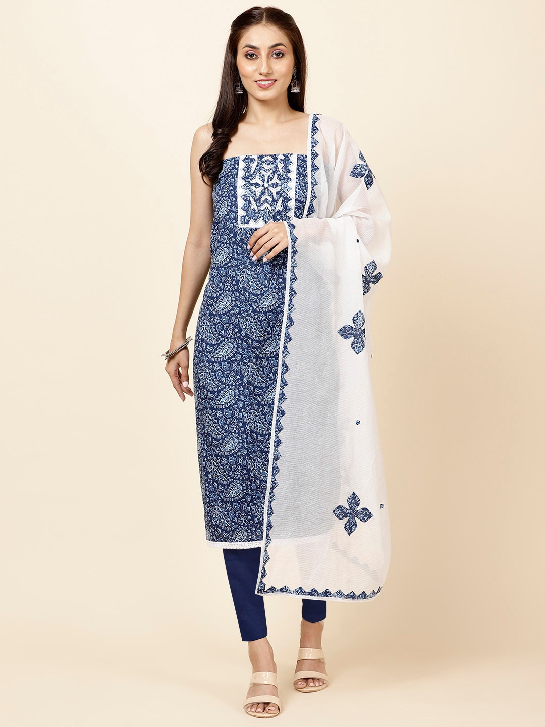 

Meena Bazaar Ethnic Motifs Printed Unstitched Dress Material, Blue