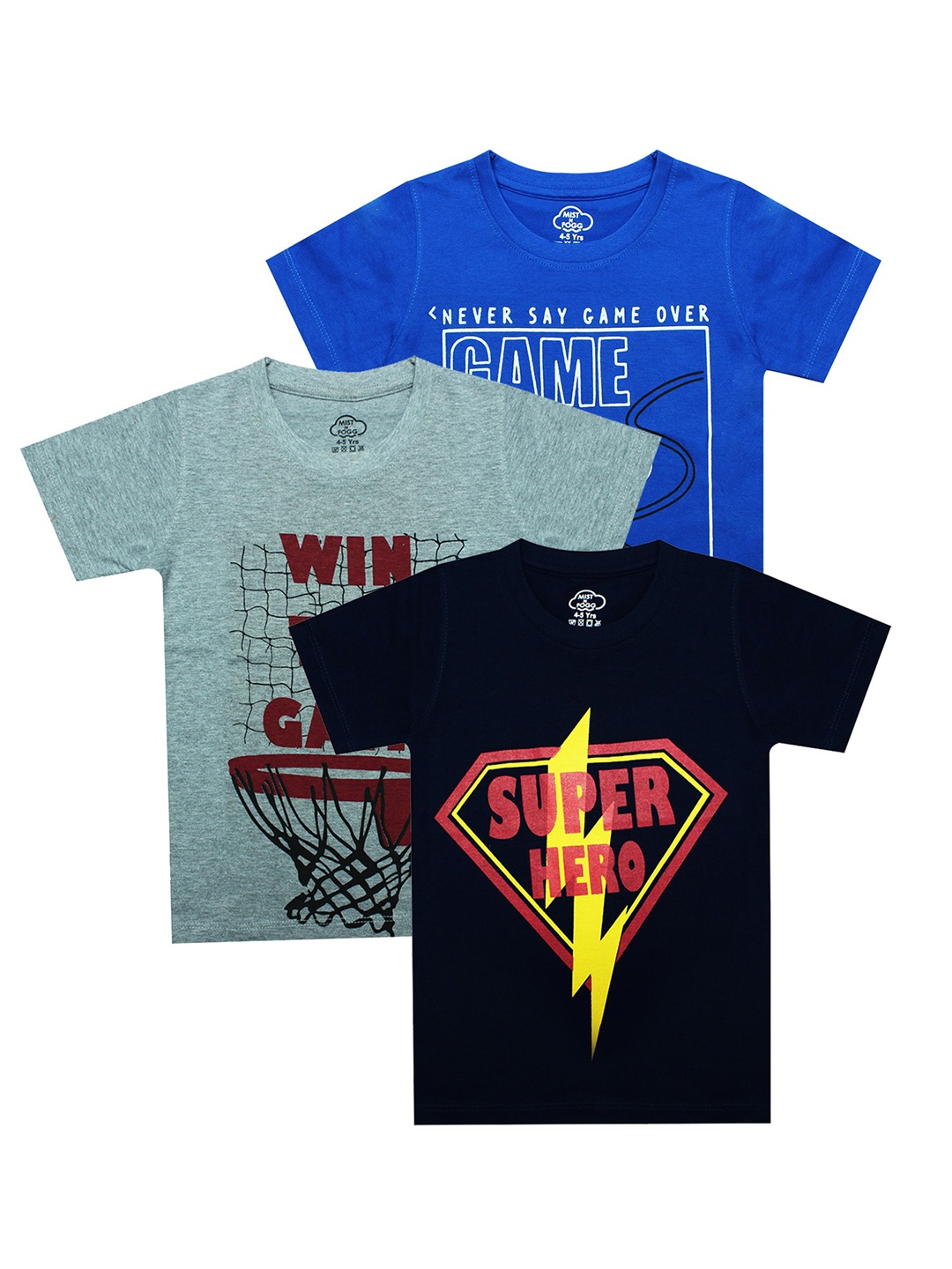 

MIST N FOGG Boys Pack Of 3 Typography Printed Cotton T-shirts, Blue