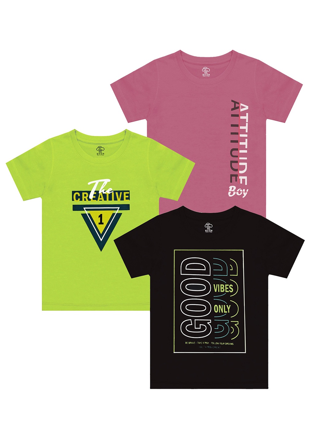 

MIST N FOGG Boys Pack Of 3 Typography Printed Cotton T-shirts, Pink