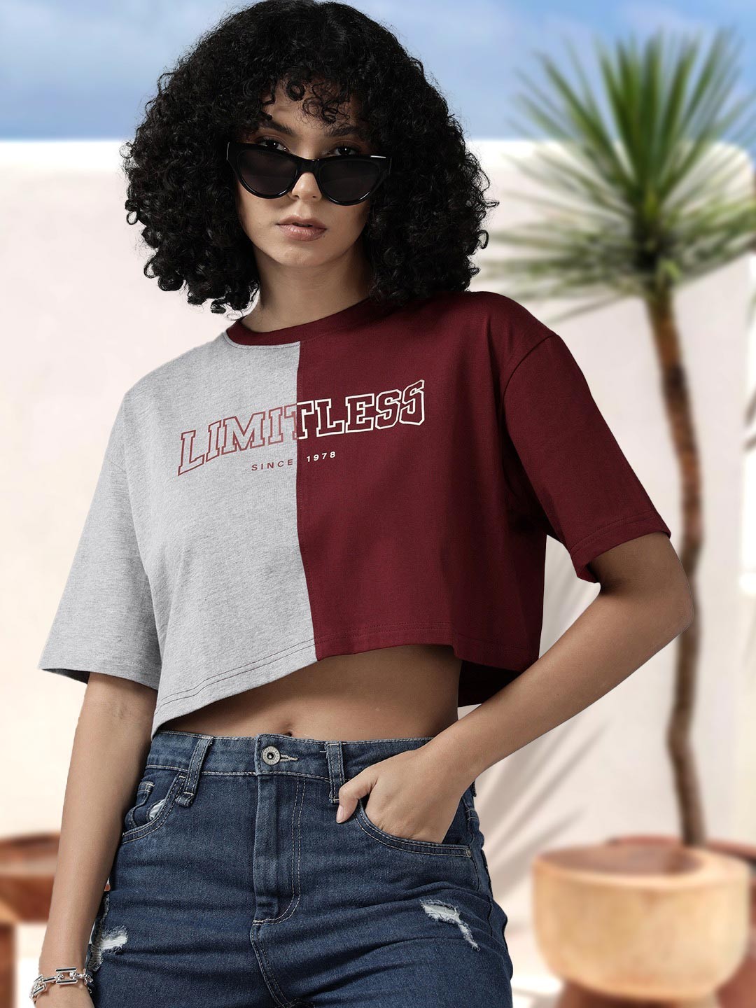 

Roadster Colourblocked Drop-Shoulder Sleeves Pure Cotton Crop Boxy T-shirt, Maroon
