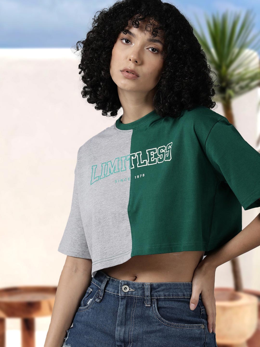 

Roadster Colourblocked Drop-Shoulder Sleeves Pure Cotton Boxy T-shirt, Green
