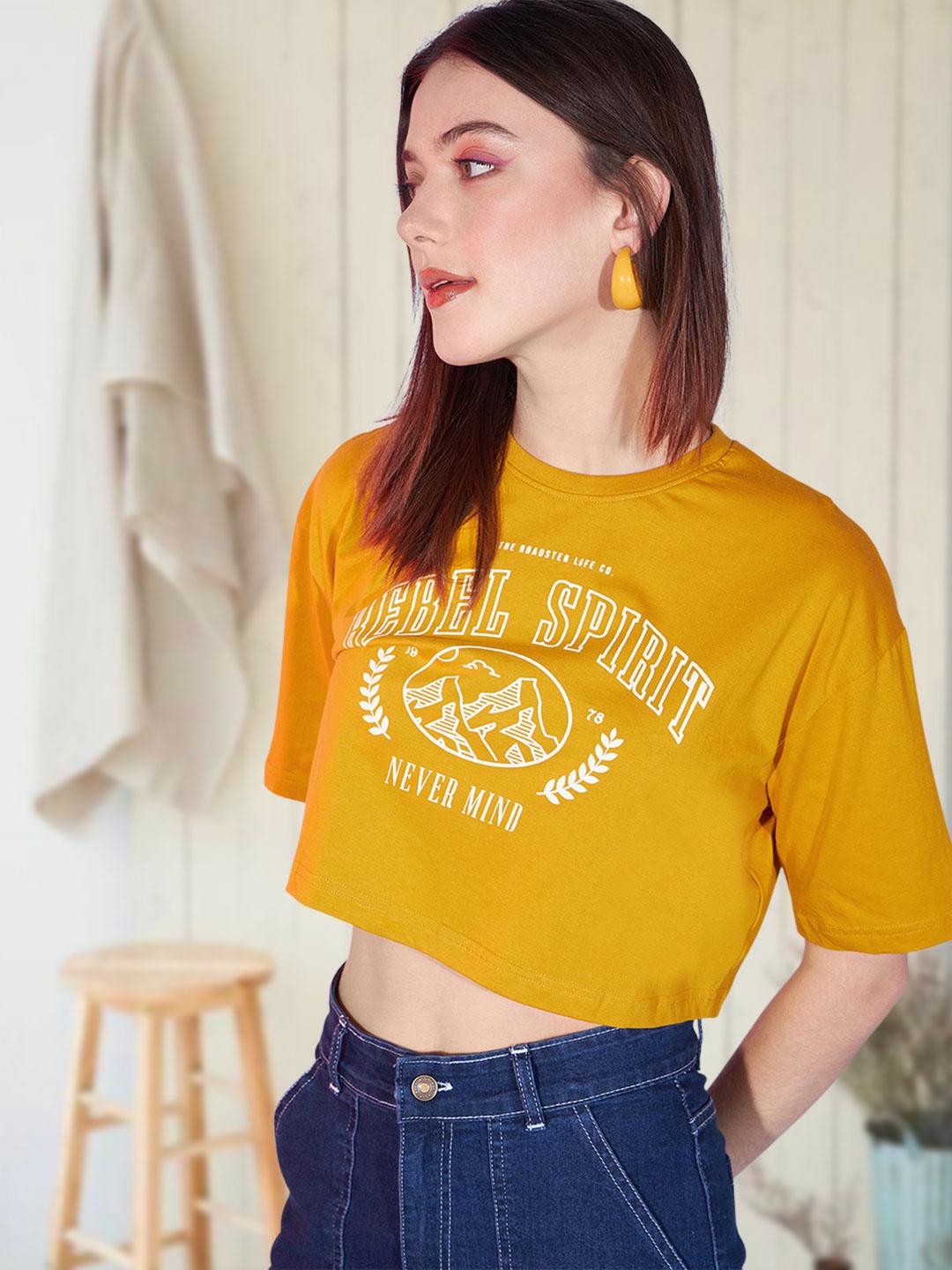 Roadster Typography Printed Drop-Shoulder Sleeves Pure Cotton Boxy T-shirt, Mustard
