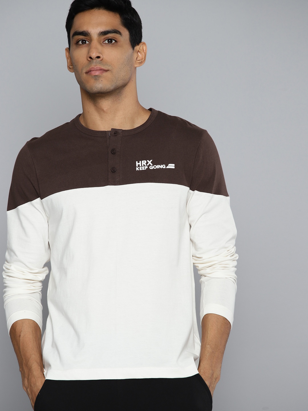 

HRX by Hrithik Roshan Men Typography Colourblocked Henley Neck T-shirt, Coffee brown