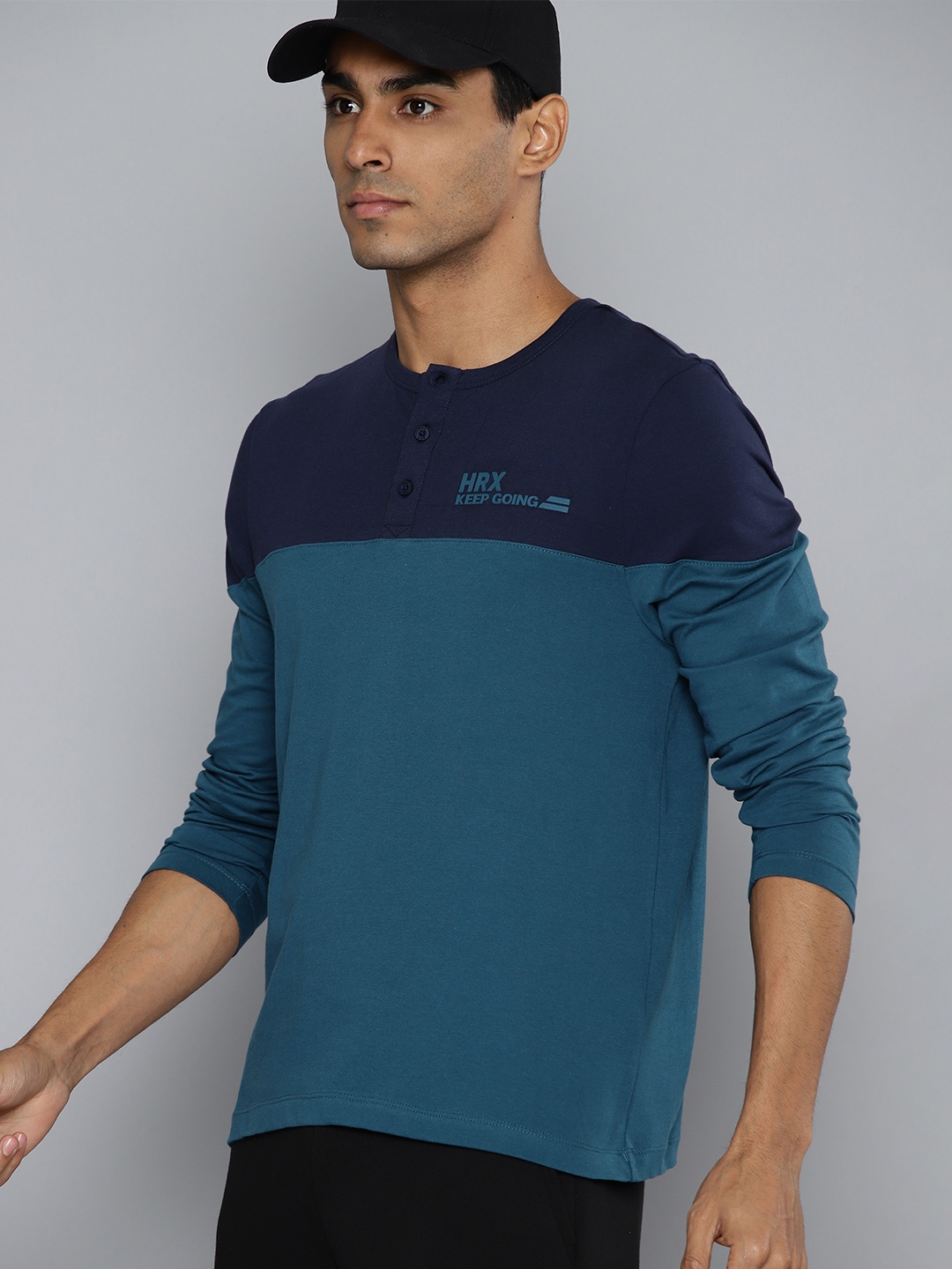 

HRX by Hrithik Roshan Men Typography Colourblocked Henley Neck T-shirt, Navy blue