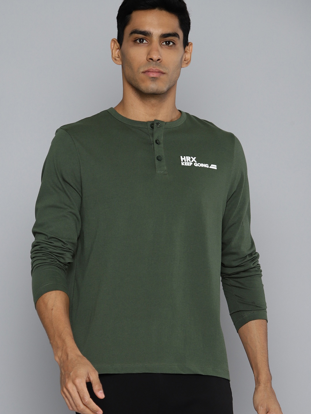 

HRX by Hrithik Roshan Men Typography Printed Henley Neck T-shirt, Olive