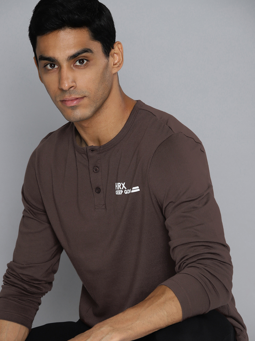 

HRX by Hrithik Roshan Men Typography Printed Henley Neck T-shirt, Coffee brown